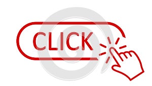 Click here button with hand pointer clicking. Click here web button. Isolated website buy or register bar icon with hand finger photo